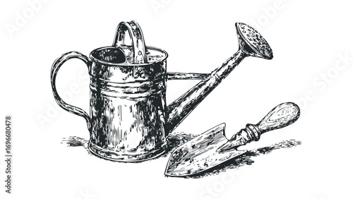 Vintage Watering Can and Trowel Image Isolated. Vector hand drawn illustration