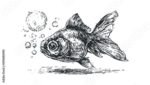 Detailed sketch of a goldfish swimming near bubbles on a transparent background. Vector hand drawn illustration