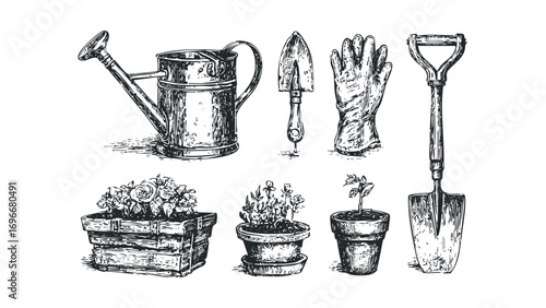 Hand drawn garden tools and potted plants on transparent background. Vector hand drawn illustration
