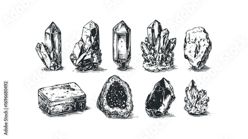 Collection of rough, faceted, and geode crystals in sketch style. Vector hand drawn illustration
