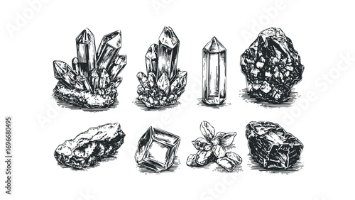 Collection of hand-drawn mineral clusters and raw geological specimens. Vector hand drawn illustration