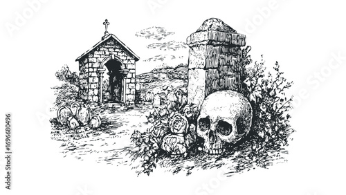 Skull with Roses and Stone Chapel Transparent. Vector hand drawn illustration
