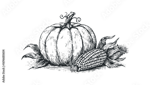 Hand-drawn pumpkin and corn on the cob. Vector hand drawn illustration