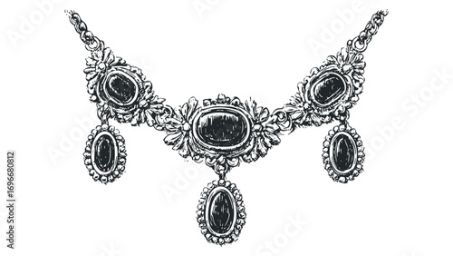 Ornate pendant necklace with oval dark gemstones and decorative chain links on transparent background. Vector hand drawn illustration
