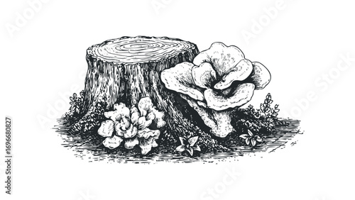 Tree stump with forest mushrooms and foliage on transparent background. Vector hand drawn illustration