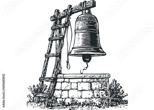 Vintage bell on a wooden stand and stone structure with foliage. Vector hand drawn illustration