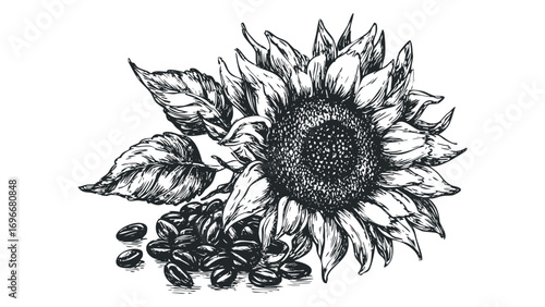 Ink drawing of a sunflower with scattered coffee beans. Vector hand drawn illustration