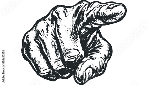 Graphic hand pointing directly forward isolated on white transparent. Vector hand drawn illustration