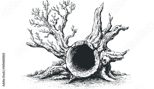 Ancient hollow tree trunk with gnarled branches on transparent background. Vector hand drawn illustration