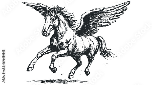 Winged horse galloping with wings spread on transparent background. Vector hand drawn illustration
