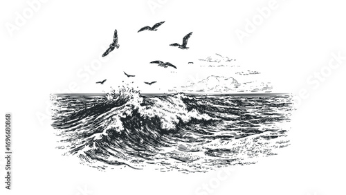 Seagulls Flying Over Turbulent Ocean Waves. Vector hand drawn illustration