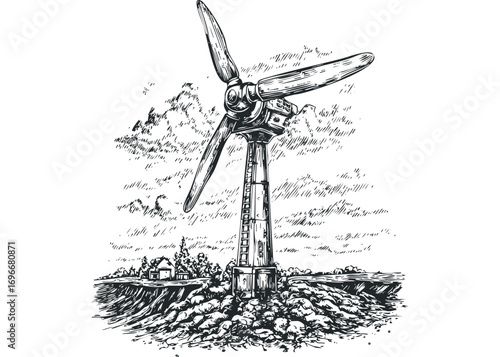 Woodcut style wind turbine in a rural landscape with a house. Vector hand drawn illustration