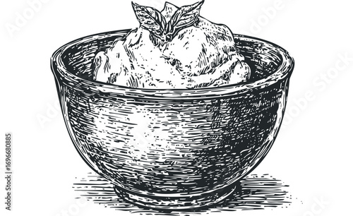 Sketch of a bowl filled with creamy food and mint leaves. Vector hand drawn illustration