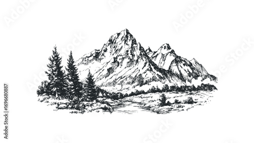 Sketch of majestic snow-capped mountains with evergreen trees and a flowing river. Vector hand drawn illustration