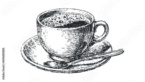Sketch of a coffee cup with spoon and saucer on transparent background. Vector hand drawn illustration