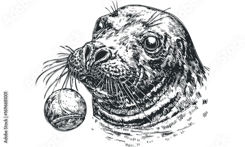 Wallpaper Mural Detailed engraving of a seal balancing a ball on its nose on a transparent background. Vector hand drawn illustration Torontodigital.ca