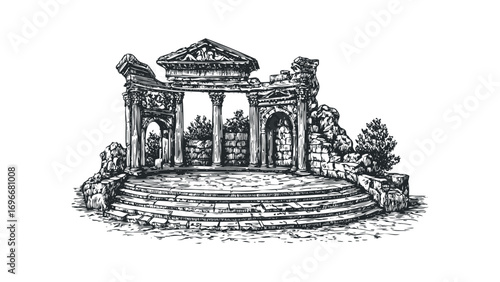 Ancient stone temple ruins with columns and amphitheater stage. Vector hand drawn illustration