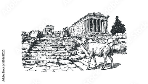 Line drawing of a deer near ancient stone ruins and a cypress tree on transparent. Vector hand drawn illustration