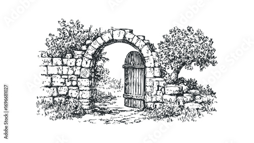 Sketch of an overgrown stone archway with a wooden door and foliage. Vector hand drawn illustration