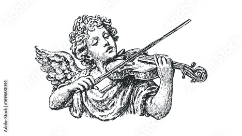 Angel playing violin on transparent background. Vector hand drawn illustration