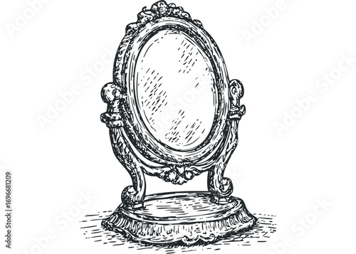 Ornate oval vanity mirror with pedestal stand graphic. Vector hand drawn illustration