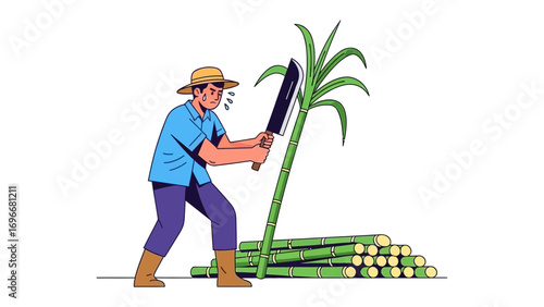 Sugarcane Harvester at Work: A dedicated sugarcane harvester, employing traditional methods, diligently cuts through stalks of sugarcane with a machete. Capturing labor and the harvest.