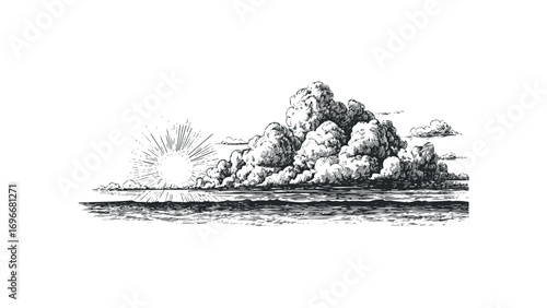 Pensive sunrise over ocean waves with dramatic clouds. Vector hand drawn illustration