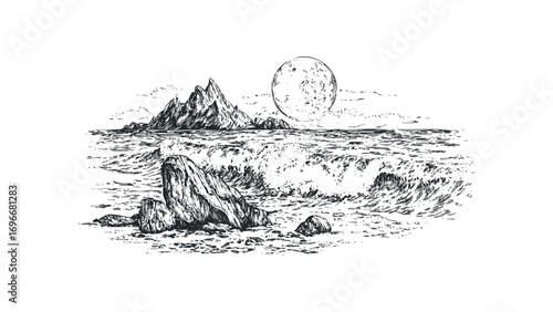 Sketch of stormy sea waves crashing on rocks with full moon over mountains. Vector hand drawn illustration
