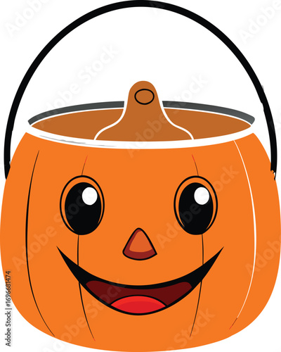 Orange pumpkin bucket with a handle is smiling with black facial features, isolated on a transparent background