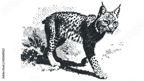 Textured bobcat walking on a rocky terrain in a graphic style. Vector hand drawn illustration