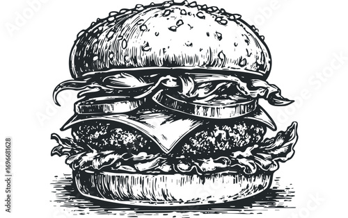 Hand Drawn Hamburger With Lettuce Tomato Cheese And Sesame Seed Bun. Vector hand drawn illustration