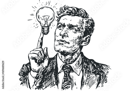Man with Lightbulb Idea Image. Vector hand drawn illustration