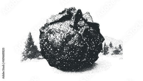 Textured rock formation in snowy forest landscape. Vector hand drawn illustration