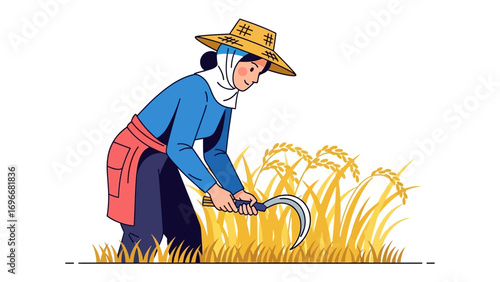 Harvest Scene: A woman, adorned in a traditional straw hat, expertly reaps the golden wheat, embodying the essence of the harvest season and hard work.