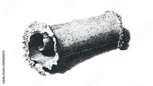 Gritty cylindrical object, textured metal tube with rough edges on transparent background. Vector hand drawn illustration