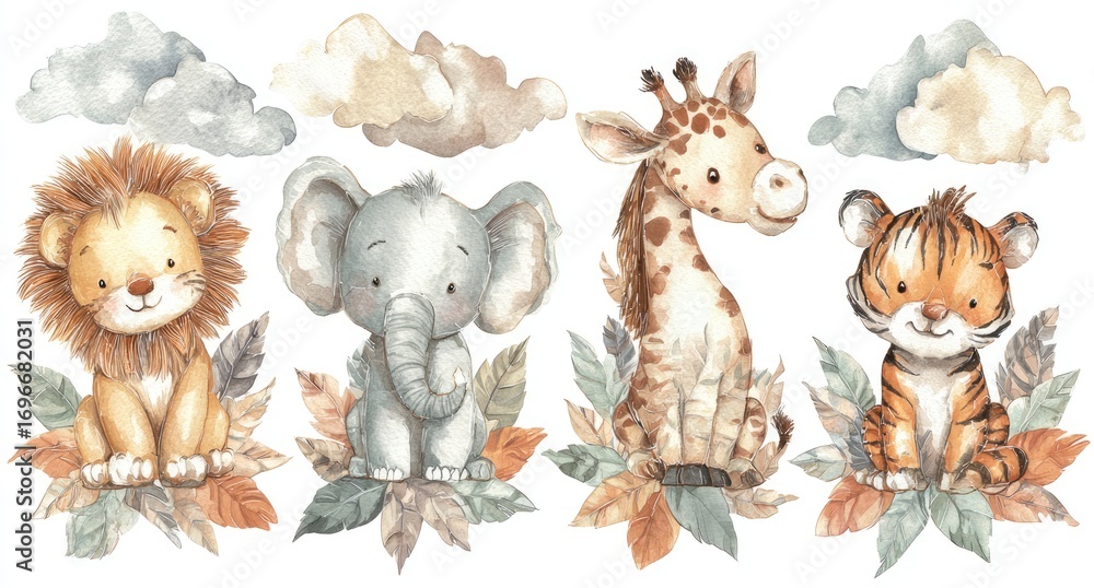 Obraz premium Cute watercolor animal illustration featuring a lion, elephant, giraffe, and tiger, surrounded by autumnal leaves and clouds