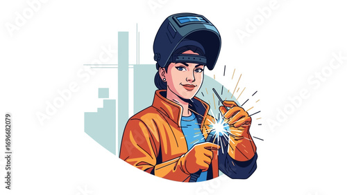 Female Welder at Work: A strong female welder, clad in protective gear, expertly manipulates a welding torch.