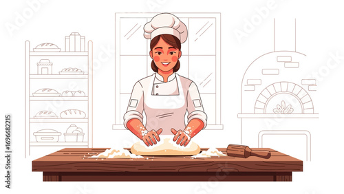 Baking Bliss: A smiling baker, adorned in traditional attire, kneads dough at a rustic wooden table, the inviting aroma of freshly baked goods permeating the air. 