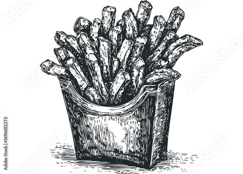 Hand drawn sketch of french fries in a cardboard container. Vector hand drawn illustration