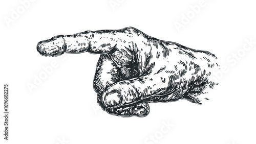 Hand pointing left with etched lines on transparent background. Vector hand drawn illustration