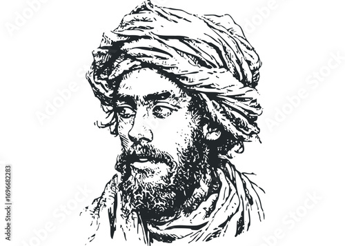 Line Drawing of Arab Man with Turban and Beard. Vector hand drawn illustration
