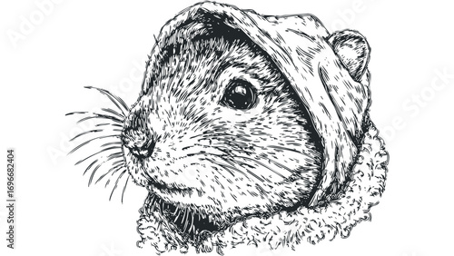 Hand drawn sketch of a rodent wearing a hooded garment with furry trim. Vector hand drawn illustration