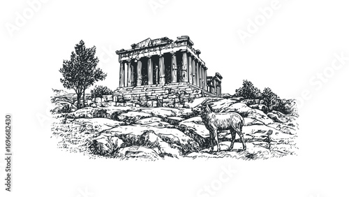 Sketch of a deer near ancient temple ruins on rocky terrain. Vector hand drawn illustration