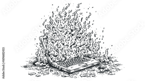 Laptop engulfed in flame against a transparent background. Vector hand drawn illustration