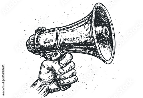 Hand holding megaphone, sketch style, isolated on white. Vector hand drawn illustration