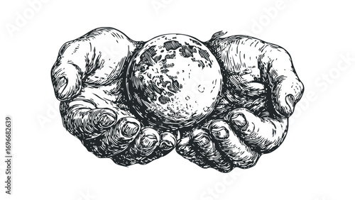 Hands holding moon sphere in sketch style. Vector hand drawn illustration