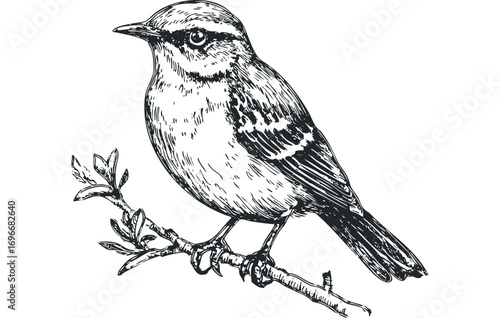 Pencil sketch of a small bird perched on a branch with leaves. Vector hand drawn illustration