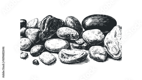 Pebble pile etched illustration on transparent background. Vector hand drawn illustration