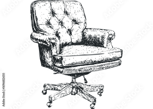 Sketch of a vintage upholstered office chair on casters. Vector hand drawn illustration