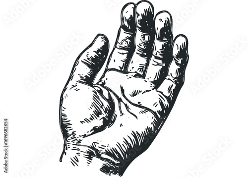 Hand sketch open palm asking for help gesture on transparent background. Vector hand drawn illustration